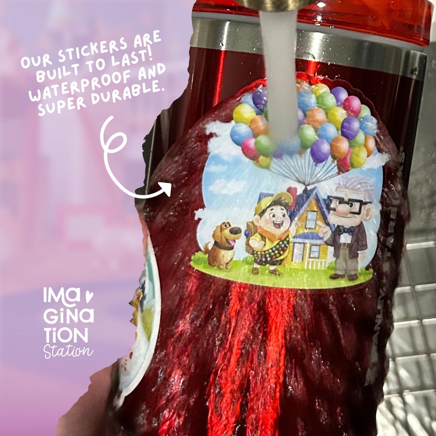 Product packaging with a colorful sticker featuring characters and text about durability.
