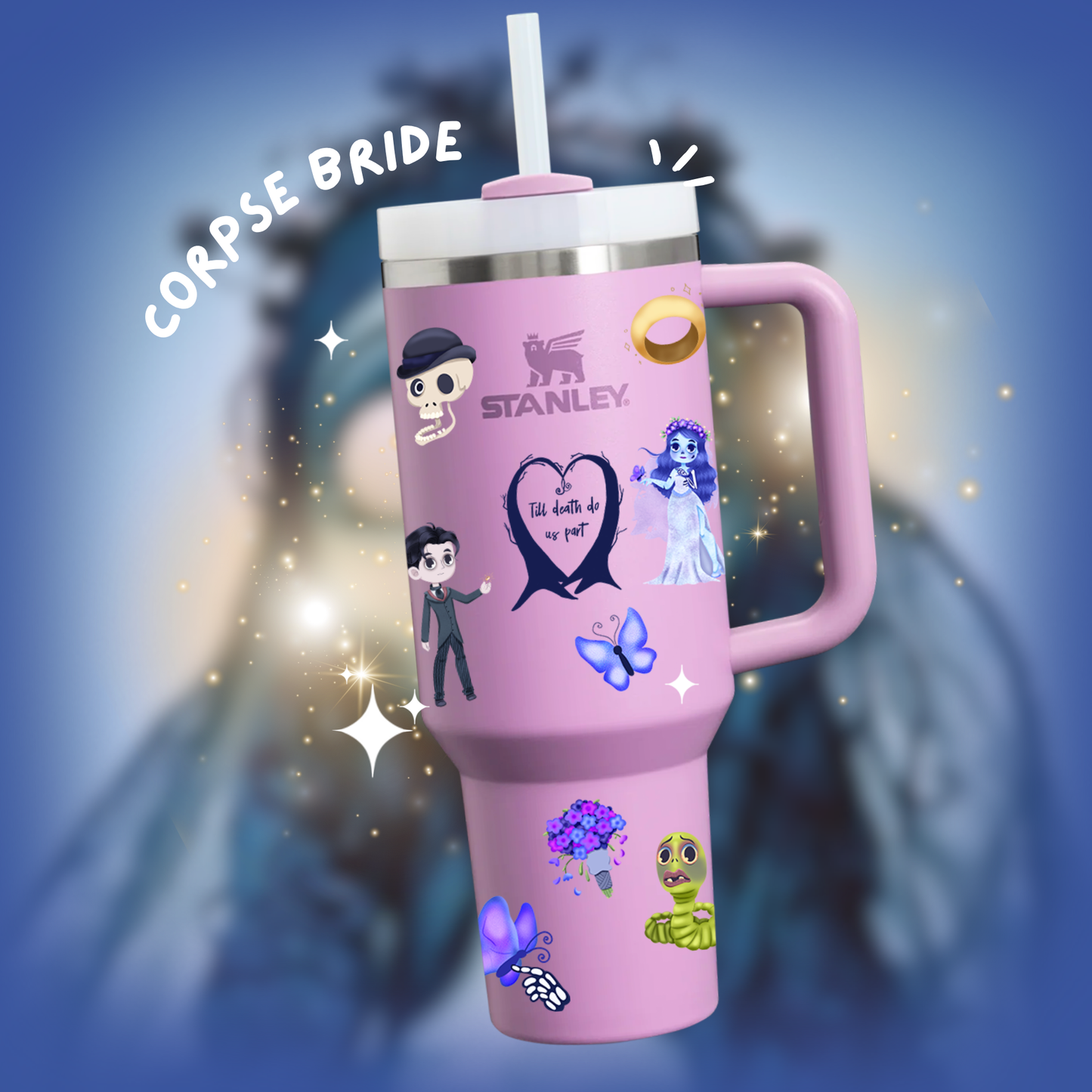 Custom 40oz Tumbler with Corpse Bride Glow in the Dark Sticker Sheet