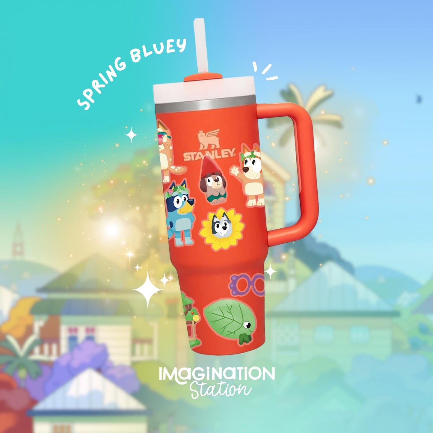 Bluey Tumbler Combo 40oz with Straw & Spring Sticker Set | Waterproof Bluey Stickers & Bonus Gift
