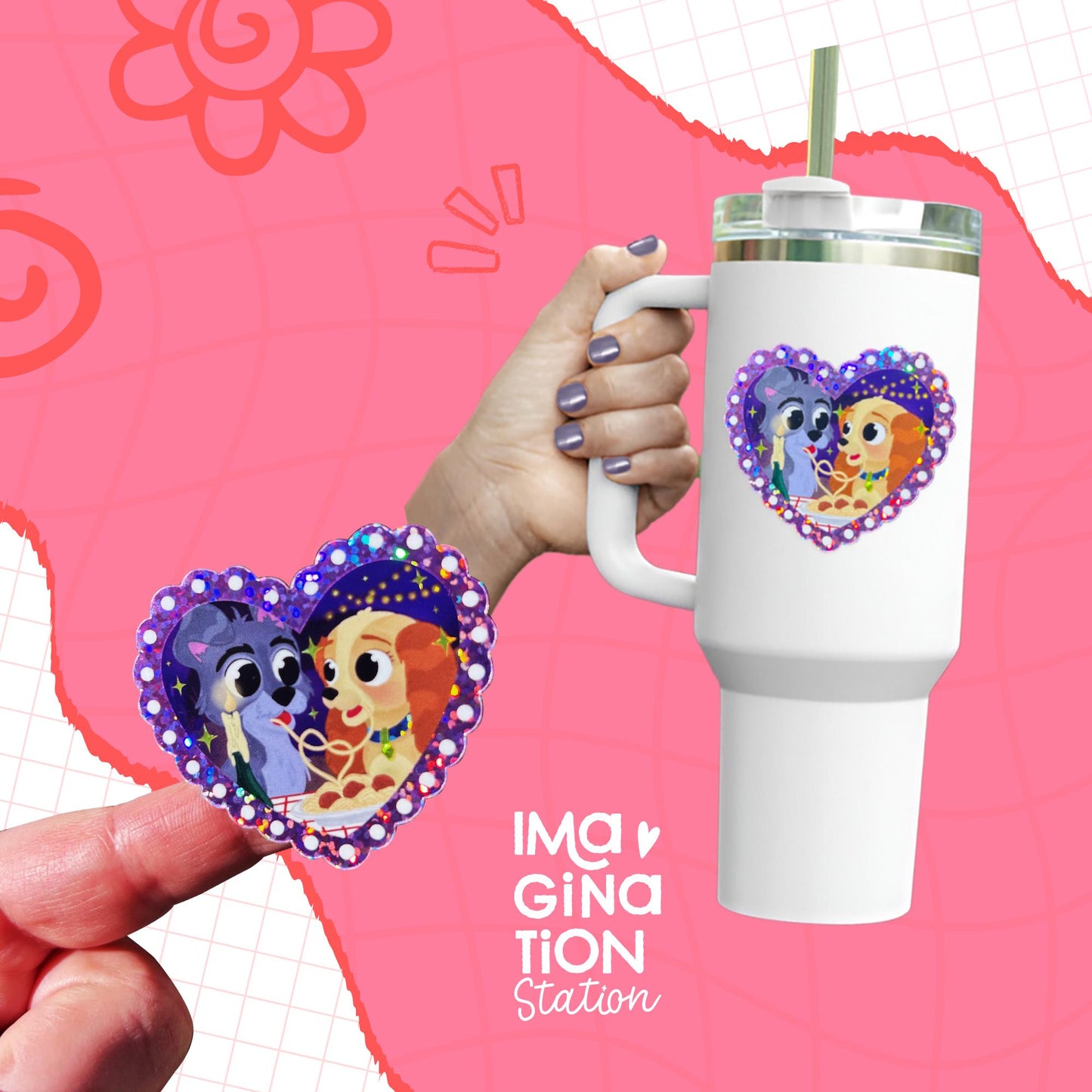 Lady & The Tramp Glitter Sticker β Waterproof Vinyl Decal for Laptop, Tumbler, Journal & Scrapbook
