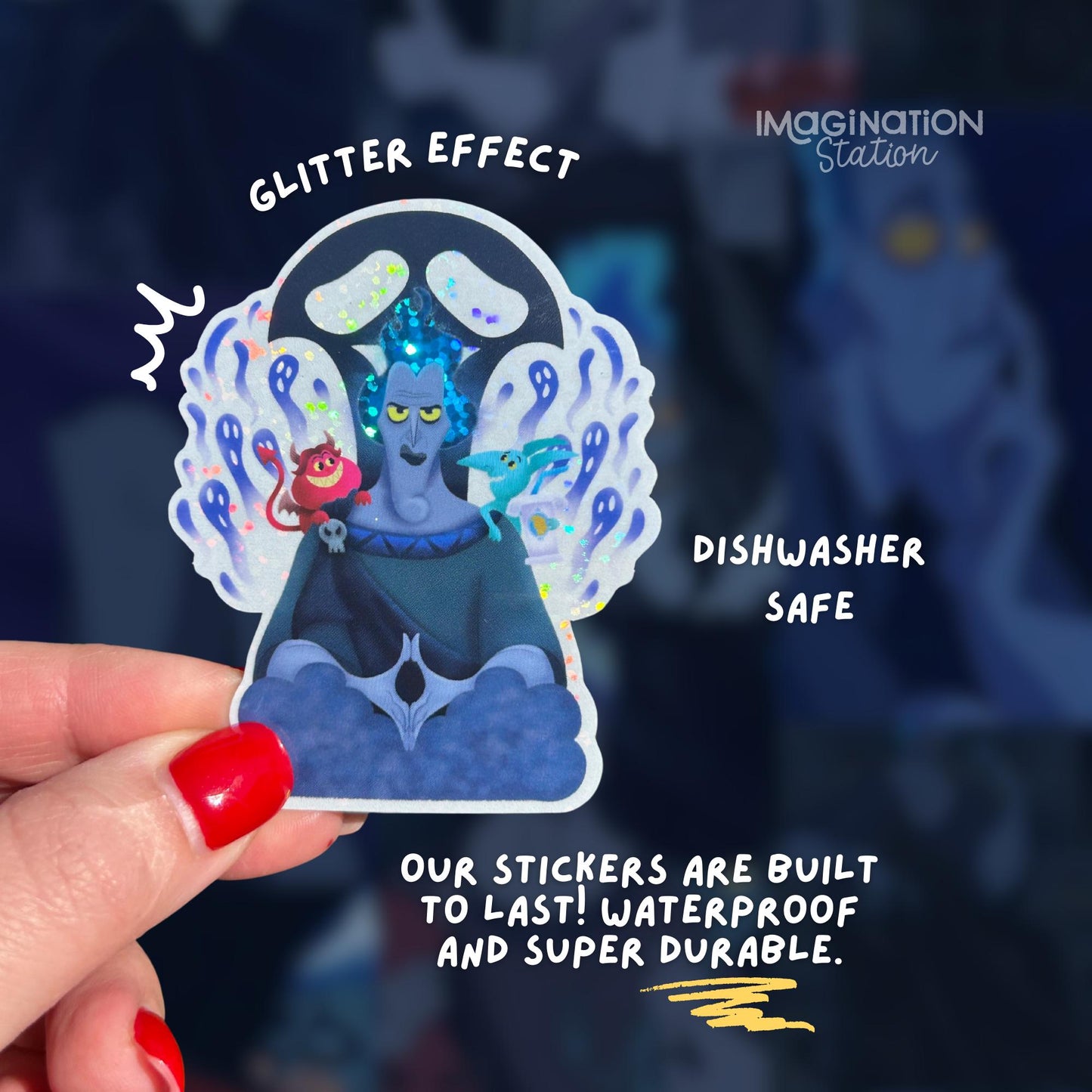 Hades Glitter Vinyl Sticker | Waterproof Glossy Hercules Decal | 2.4”x3” Disney Villain Sticker for Laptop, Bottle, Journal, and More