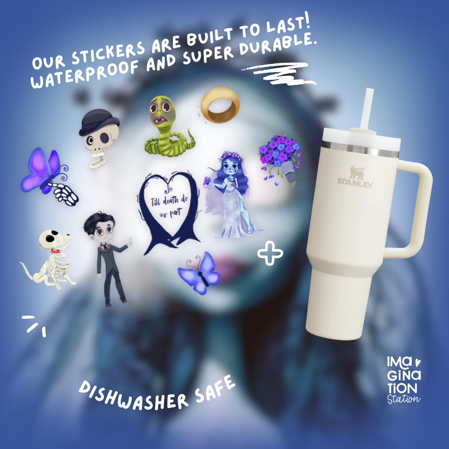 Custom 40oz Tumbler with Corpse Bride Glow in the Dark Sticker Sheet