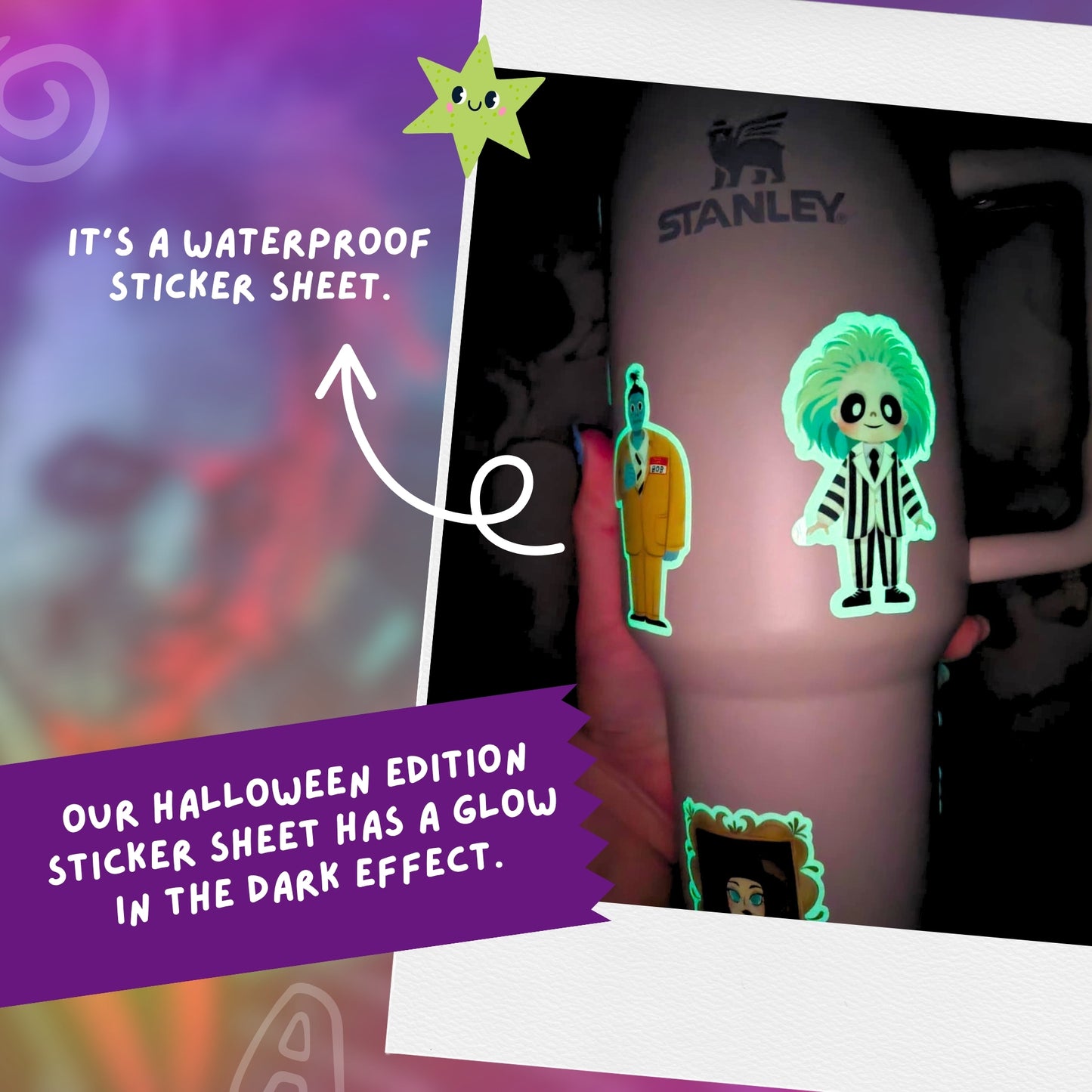Beetlejuice Personalized 40oz Tumbler with Sticker Set - Waterproof Glow in the Dark