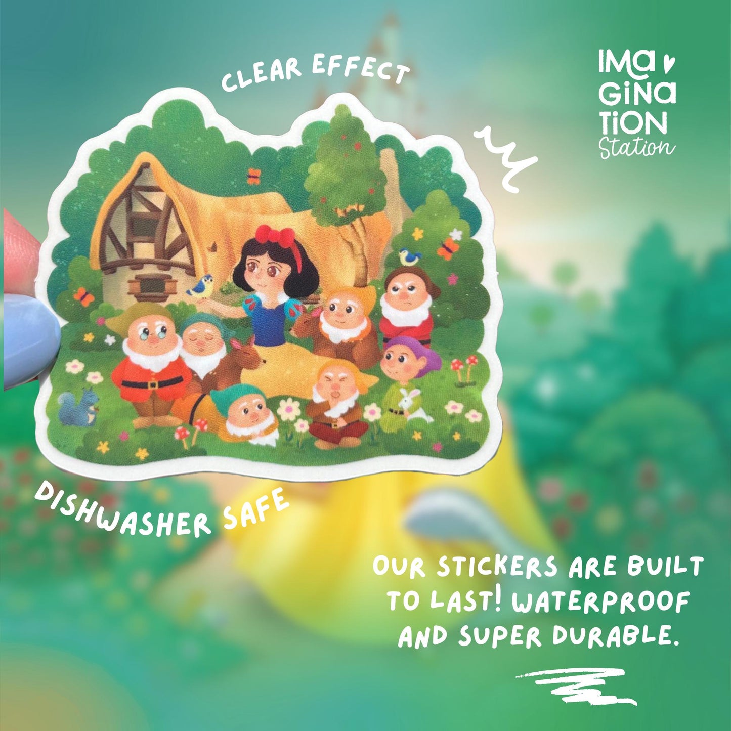 Snow White Sticker Clear Glossy Vinyl Seven Dwarfs Princess Forest Cottage Laptop Water Bottle Fairytale Scene Disney Gift Decal for Fans