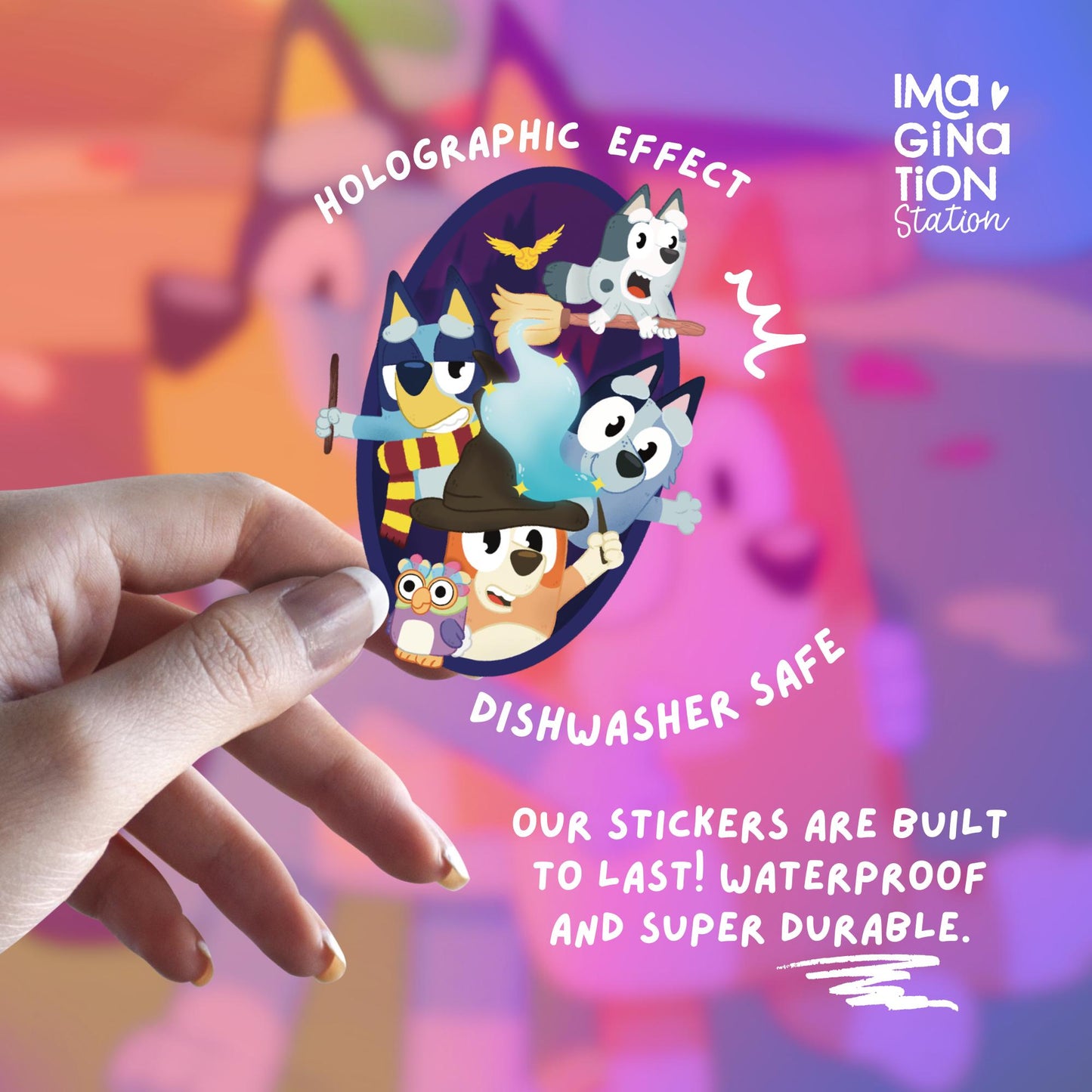 Bluey Harry Potter Sticker, Holographic Waterproof Vinyl, Wizard Magic Teacher Appreciation Gift, Cute Bluey School Laptop Water Bottle Sticker