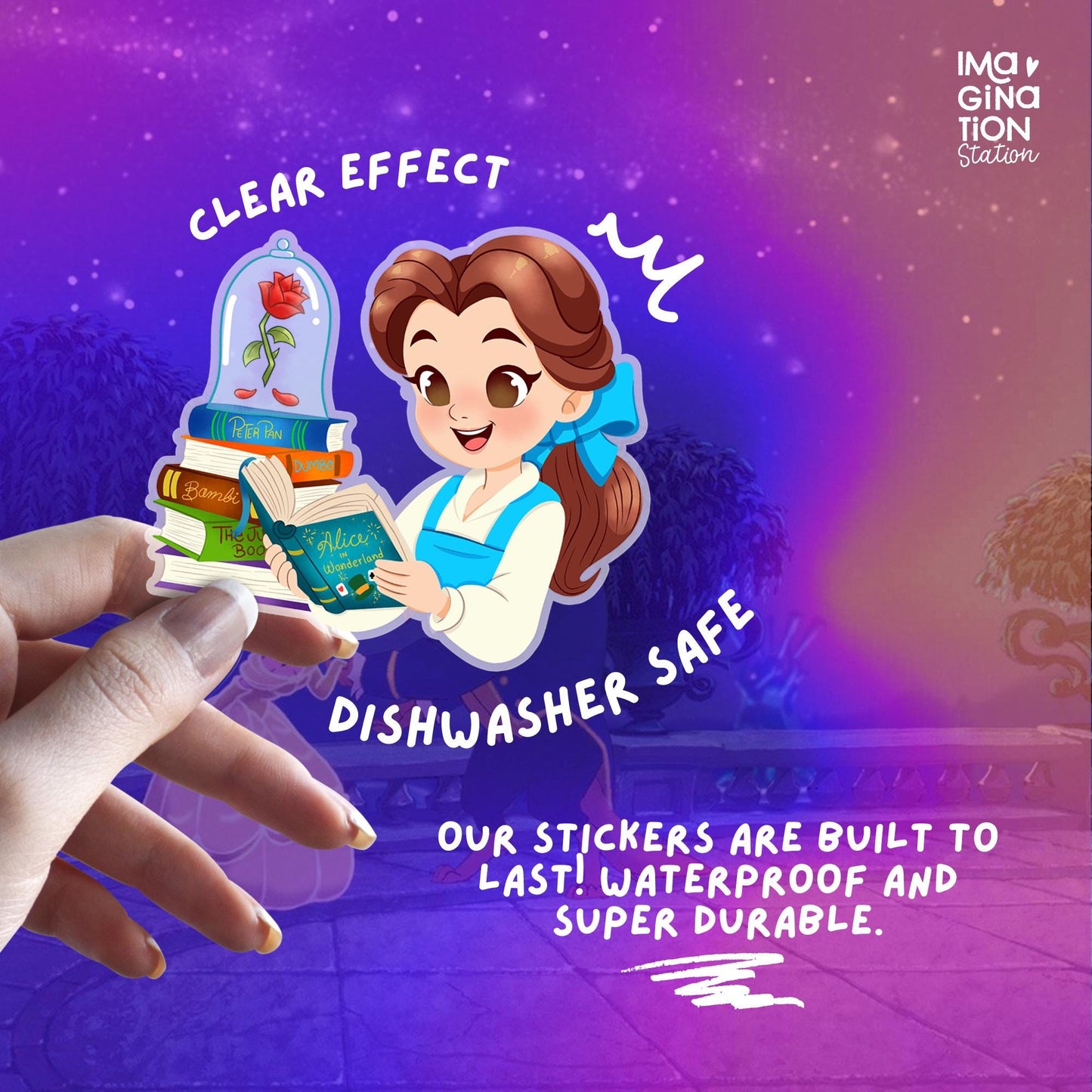 Belle Sticker – Book-Loving Princess Magic in Clear Glossy Vinyl!
