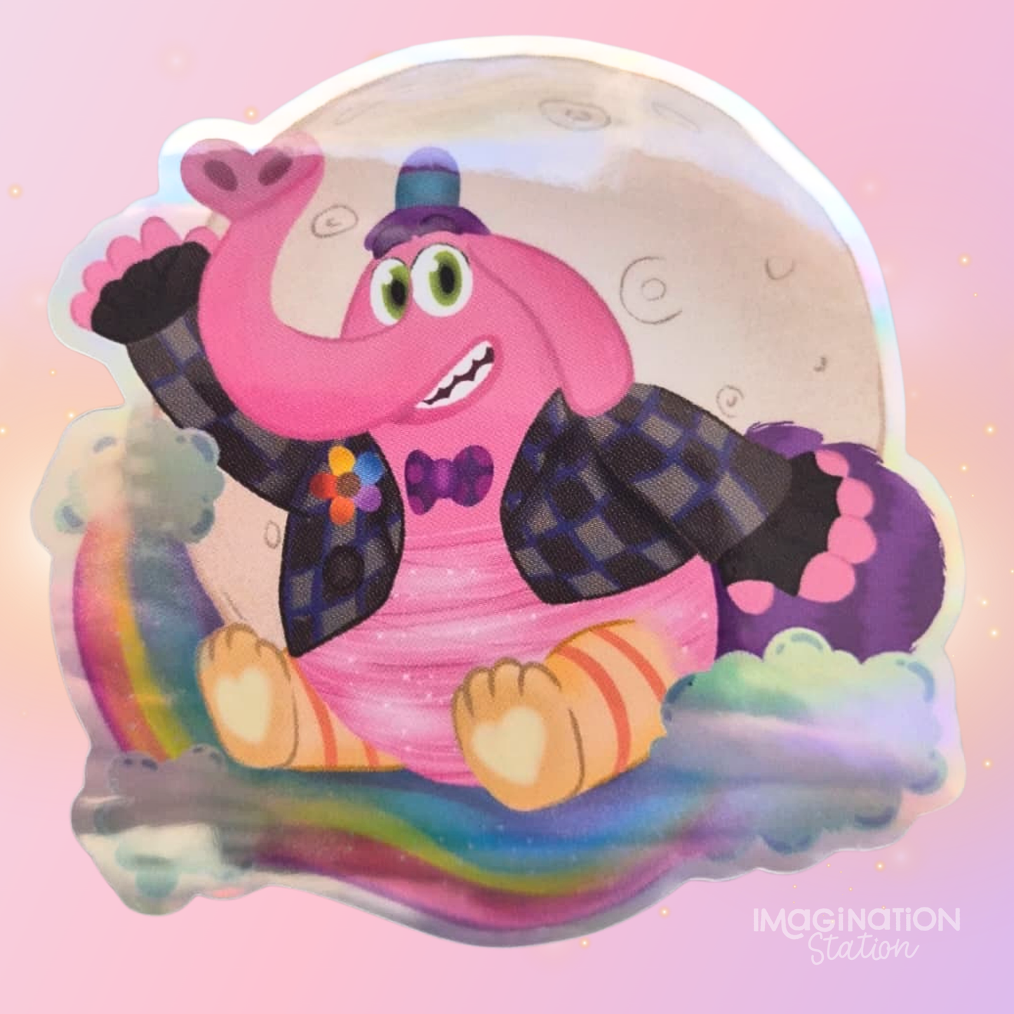 Colorful cartoon character with a rainbow on a pink background