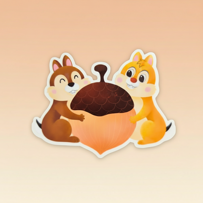 Two cartoon squirrels holding a heart with a blurred festive background.