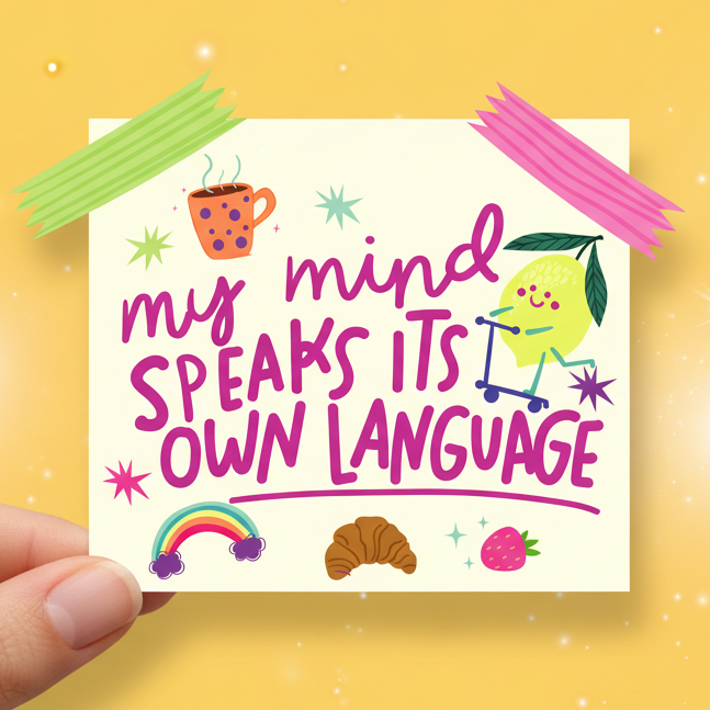 Colorful illustration with text 'My mind speaks its own language' on a yellow background