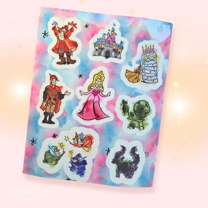Sleeping Beauty Sticker Sheet - Waterproof Clear Glossy Effect