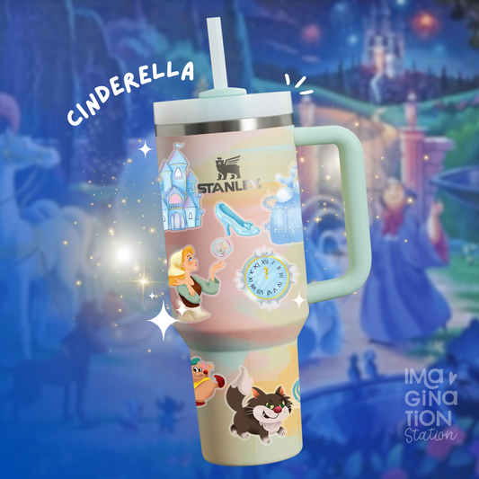 Cinderella Tumbler Bundle 40oz with Straw & Waterproof Sticker Set | Princess Drinkware Gift