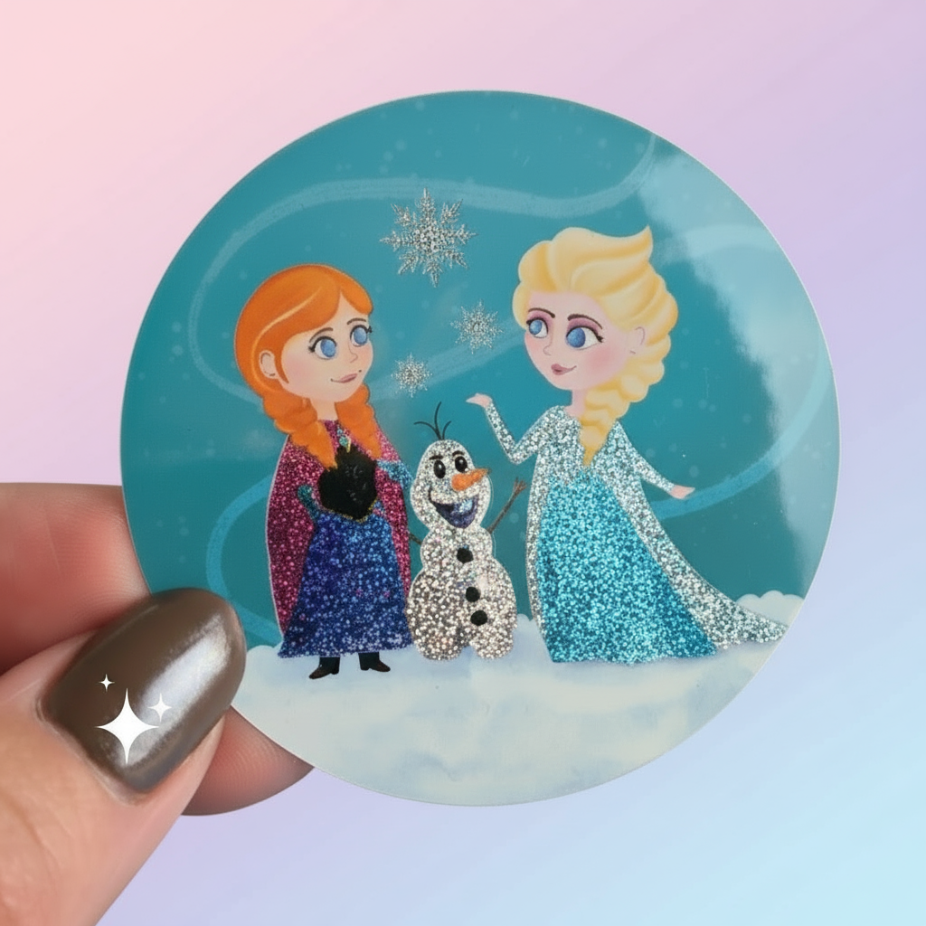 Circular sticker with animated characters held by a hand against a blurred festive background