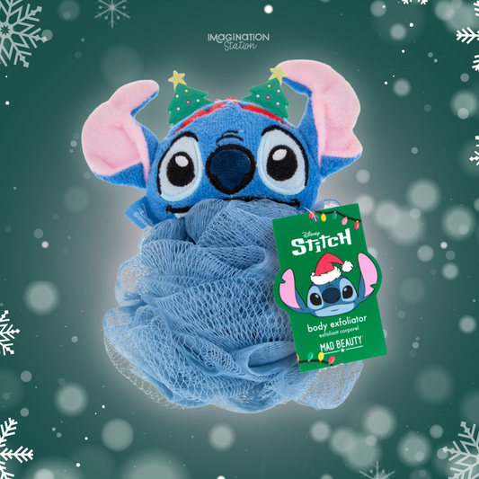 Stitch plush toy with a body scrubber and tag on a festive background