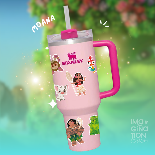 Moana Stanley Cup Tumbler 40oz with Straw + Waterproof Sticker Set – Disney Ocean Drinkware Gift