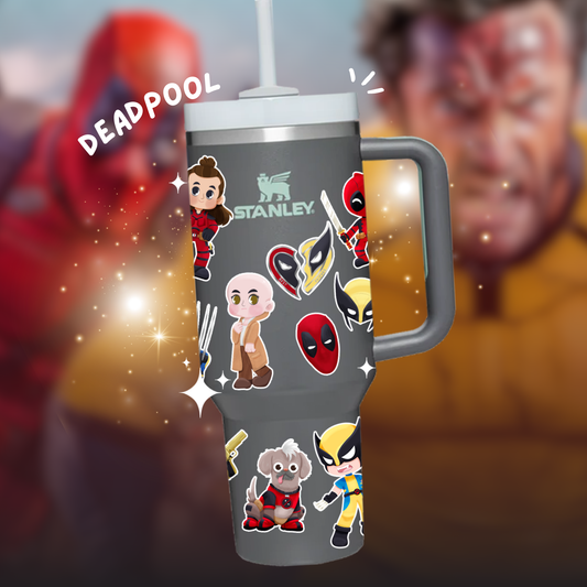 Deadpool & Wolverine Stanley Cup Tumbler 40oz with Straw + Waterproof Sticker Set – Marvel Comic Drinkware Gift