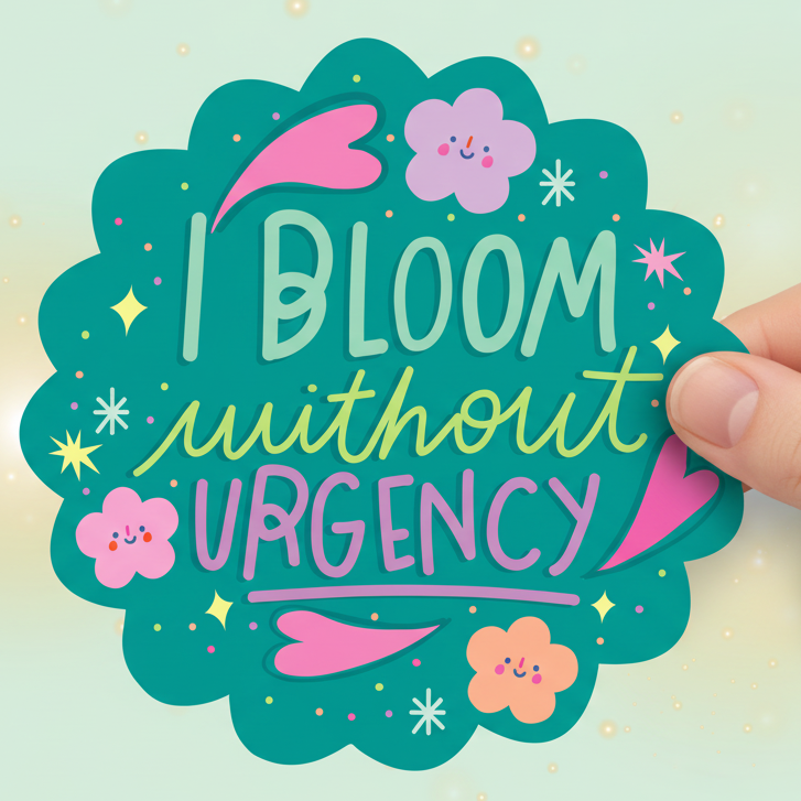 Decorative text 'I Bloom without Urgency' with floral elements on a gradient background