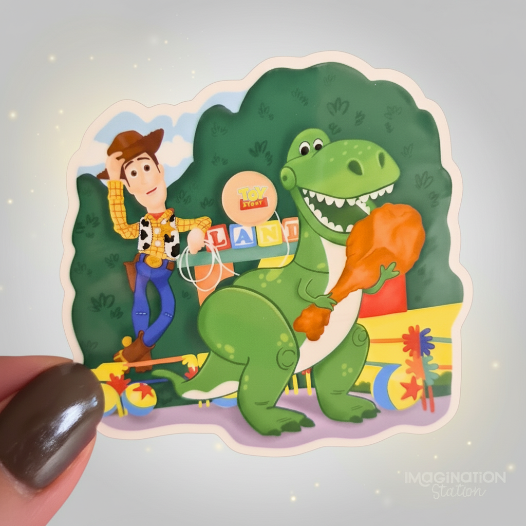 Toy Story character holding a toy dinosaur with a pink background
