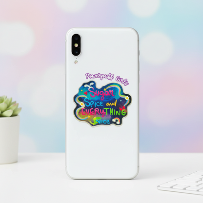 Colorful phone holder with 'Powerpuff Girls' text on a multicolored background