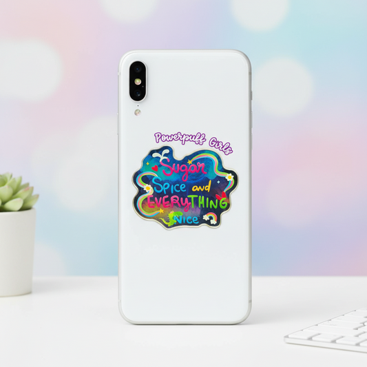 Colorful phone holder with 'Powerpuff Girls' text on a multicolored background