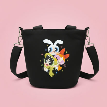 Black bag with cartoon characters on a colorful gradient background