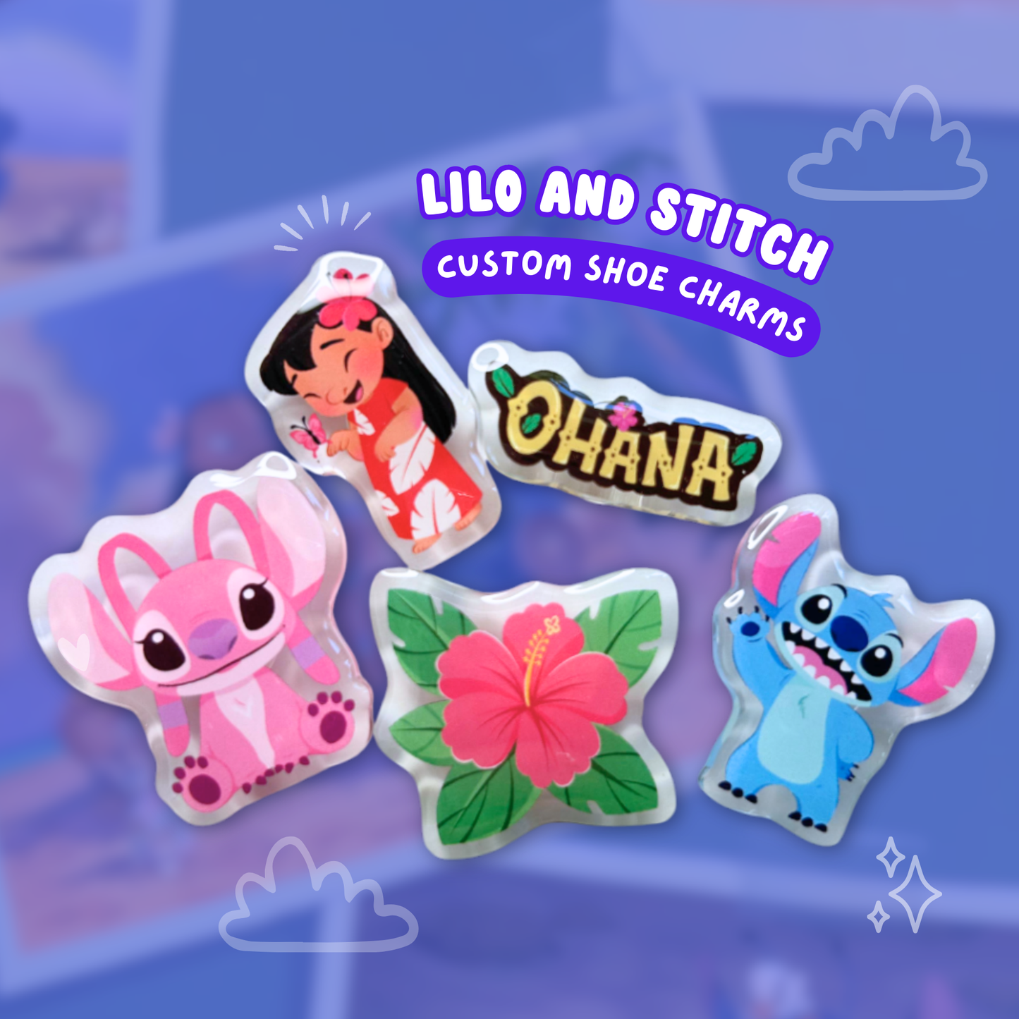 Lilo and Stitch Ohana Angel Flower Shoe Charms Set Clear Acrylic