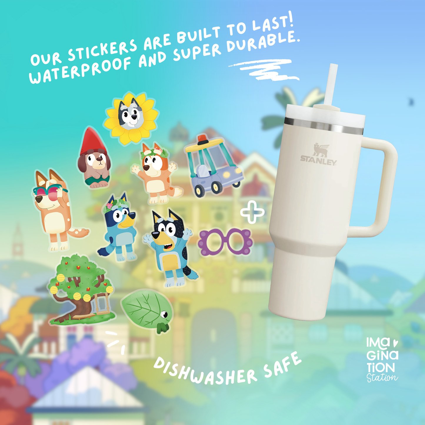 Bluey Tumbler Combo 40oz with Straw & Spring Sticker Set | Waterproof Bluey Stickers & Bonus Gift