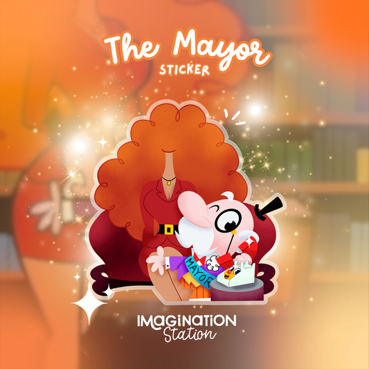 Retro Mayor sticker featuring nostalgic Powerpuff Girls cartoon fan art on transparent matte vinyl, waterproof design perfect for laptops