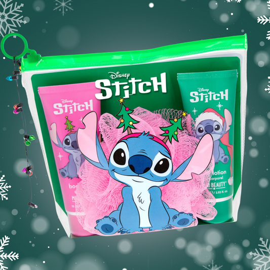 Disney Stitch product packaging with festive design on a green background