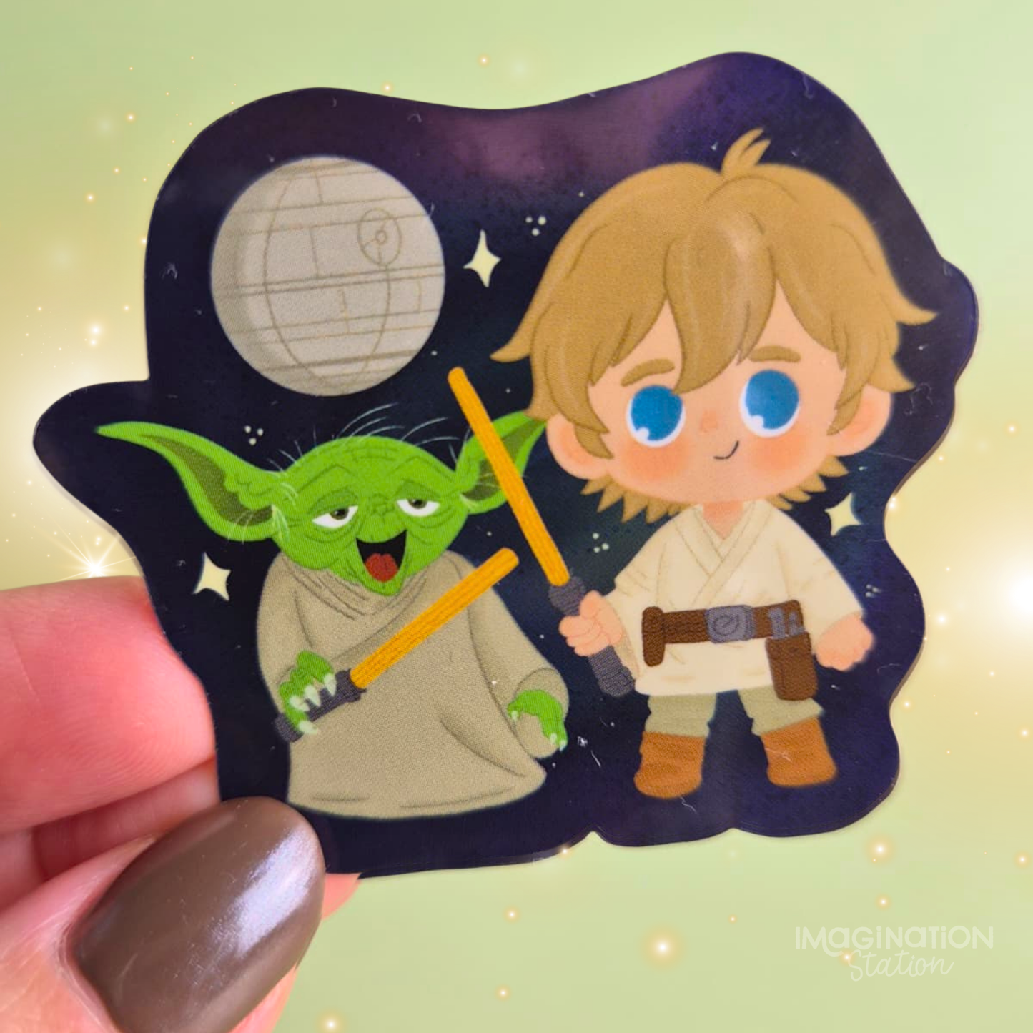 Cartoon character holding a lightsaber with a stylized depiction of the Death Star in the background.