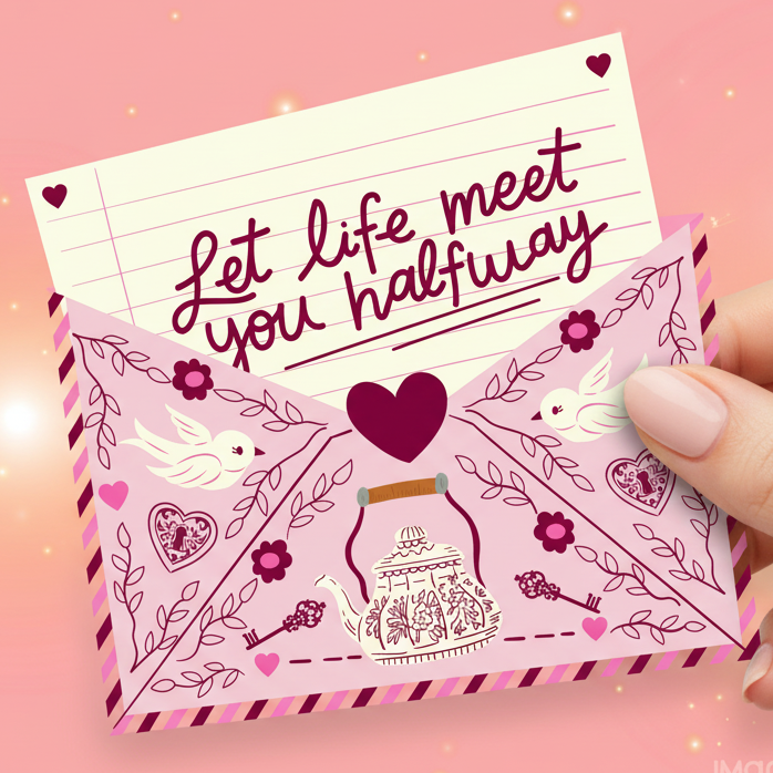 Decorative card with 'Let life meet you halfway' text on a pink background