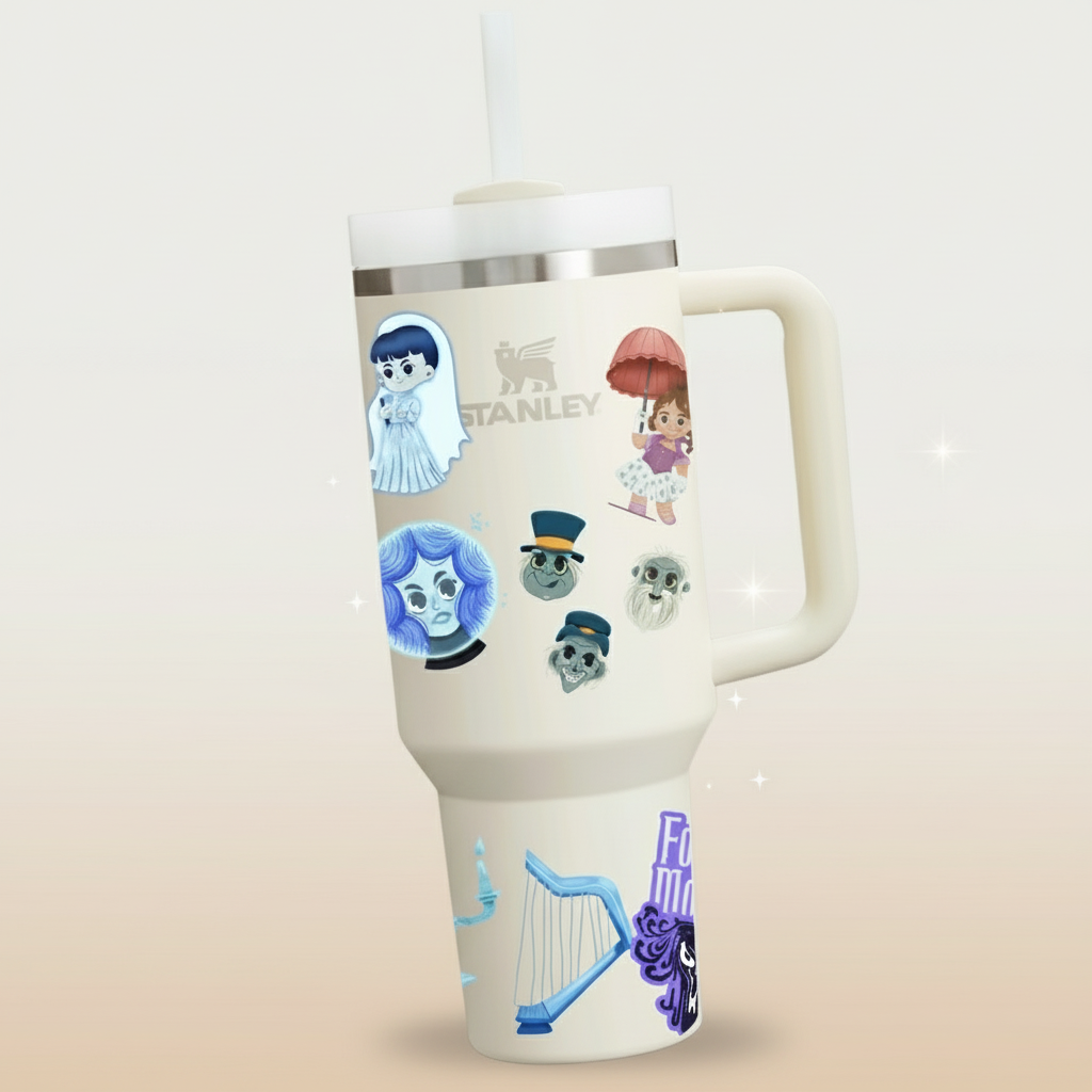 Custom 40oz Tumbler with The Haunted Mansion Glow in the Dark Sticker Sheet
