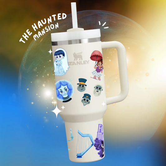 Custom 40oz Tumbler with The Haunted Mansion Glow in the Dark Sticker Sheet