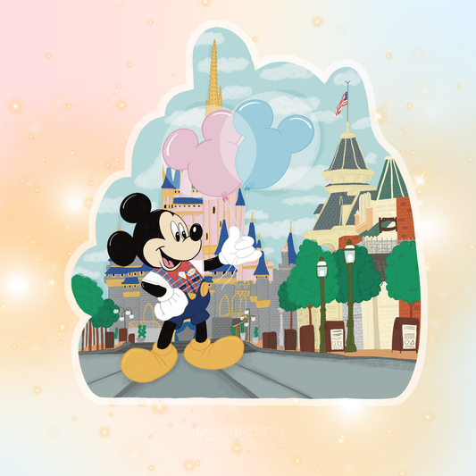 Cartoon characters in front of a castle with a pastel background