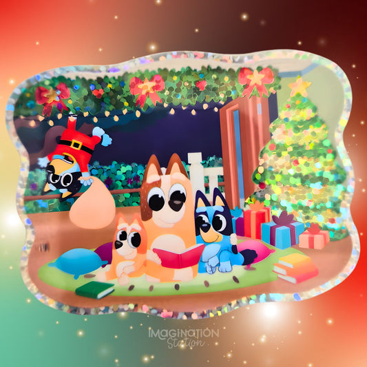 Cartoon characters in a festive scene with Christmas decorations and presents.