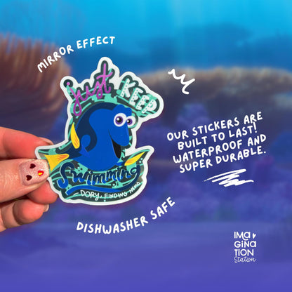 Dory Just Keep Swimming Sticker, Mirror Effect Vinyl, Finding Nemo Decal, Waterproof Inspirational Sticker