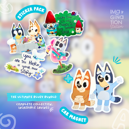 Bluey Fun Pack - 4 Stickers + Car Magnet Bundle