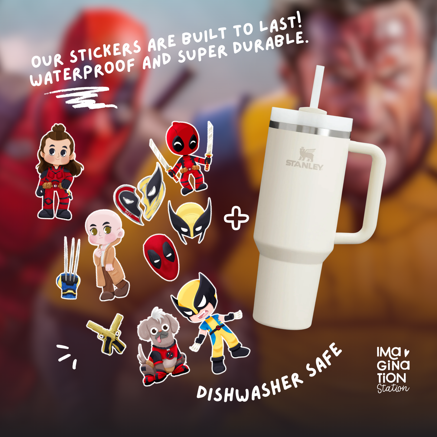 Deadpool & Wolverine Stanley Cup Tumbler 40oz with Straw + Waterproof Sticker Set – Marvel Comic Drinkware Gift