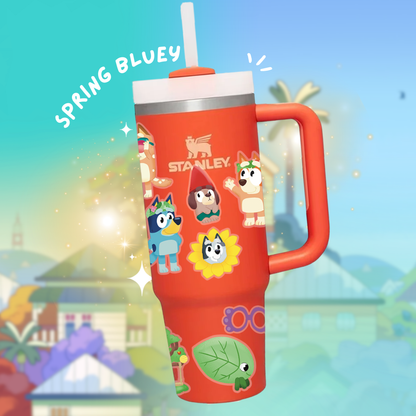 Bluey Tumbler Combo 40oz with Straw & Spring Sticker Set | Waterproof Bluey Stickers & Bonus Gift