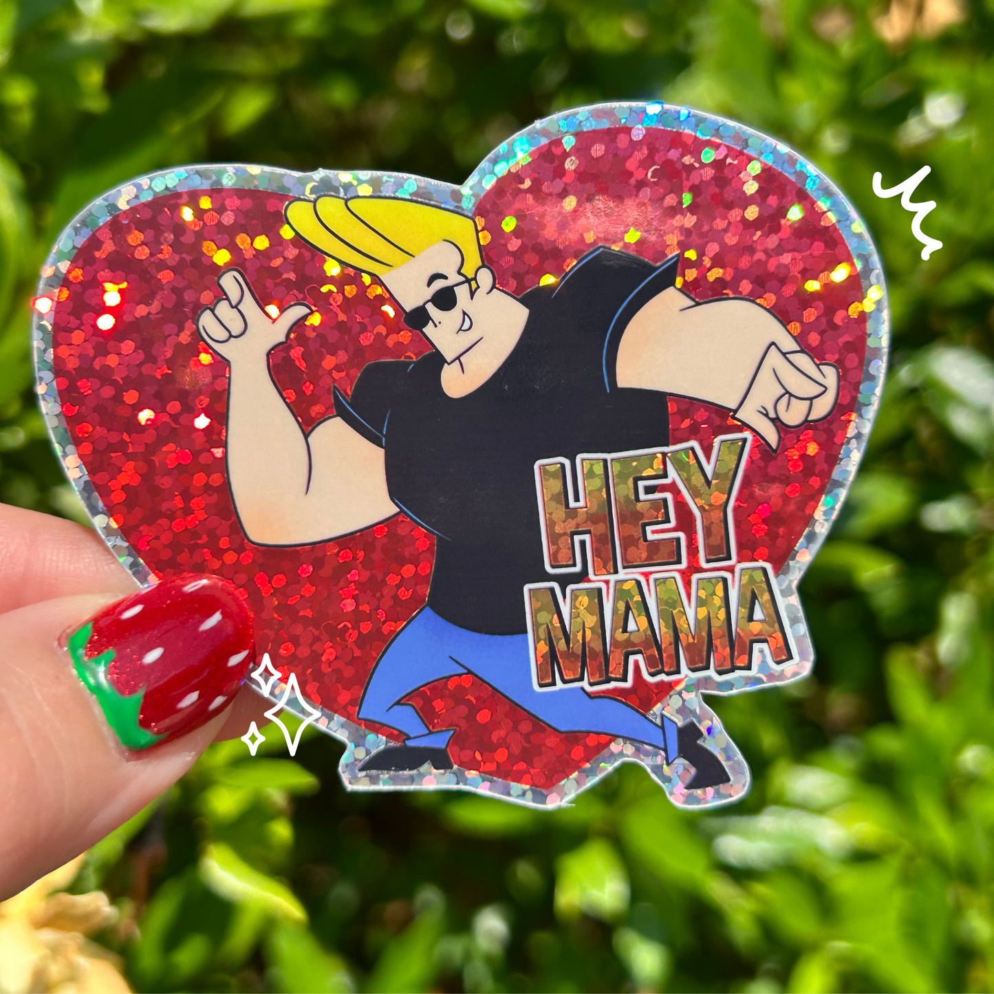 Hey Mama Sticker | Retro Cartoon Heart Decal | Glitter Glossy Tumbler Laptop Vinyl | Funny Nostalgic Gift