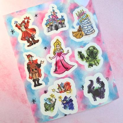 Sleeping Beauty Sticker Sheet - Waterproof Clear Glossy Effect