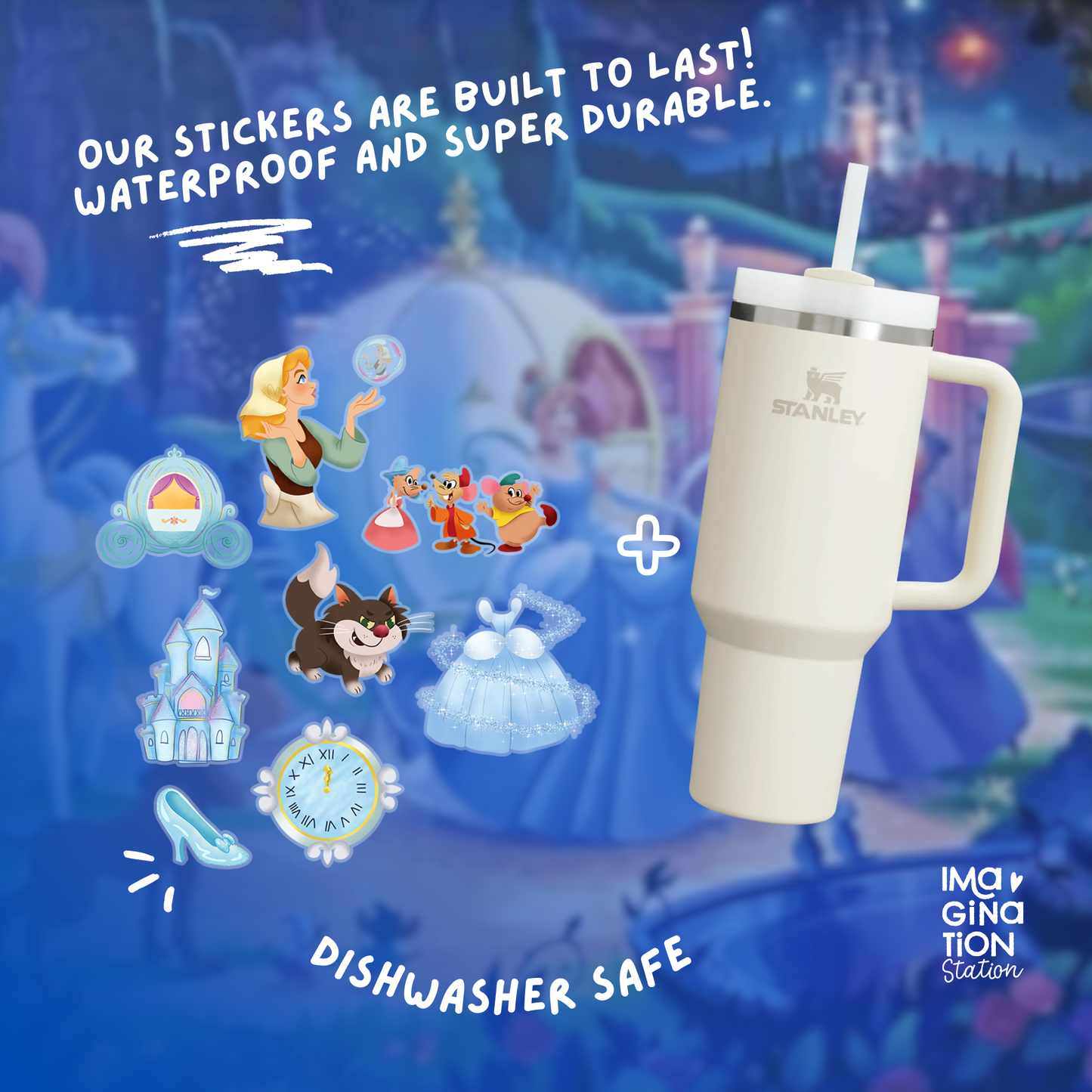 Cinderella Tumbler Bundle 40oz with Straw & Waterproof Sticker Set | Princess Drinkware Gift