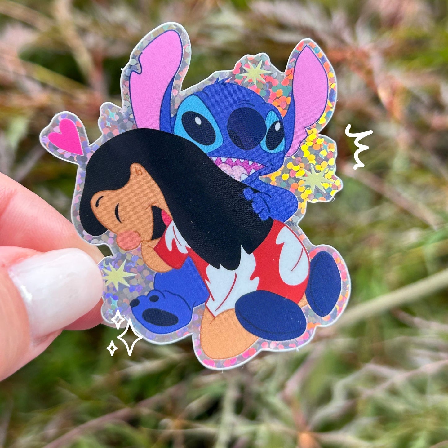 Lilo & Stitch Hug Glitter Sticker – Waterproof Vinyl Glitter Glossy Disney Ohana Decal for Water Bottles, Laptops & Tumblers