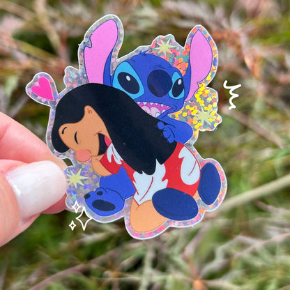Lilo & Stitch Hug Glitter Sticker – Waterproof Vinyl Glitter Glossy Disney Ohana Decal for Water Bottles, Laptops & Tumblers