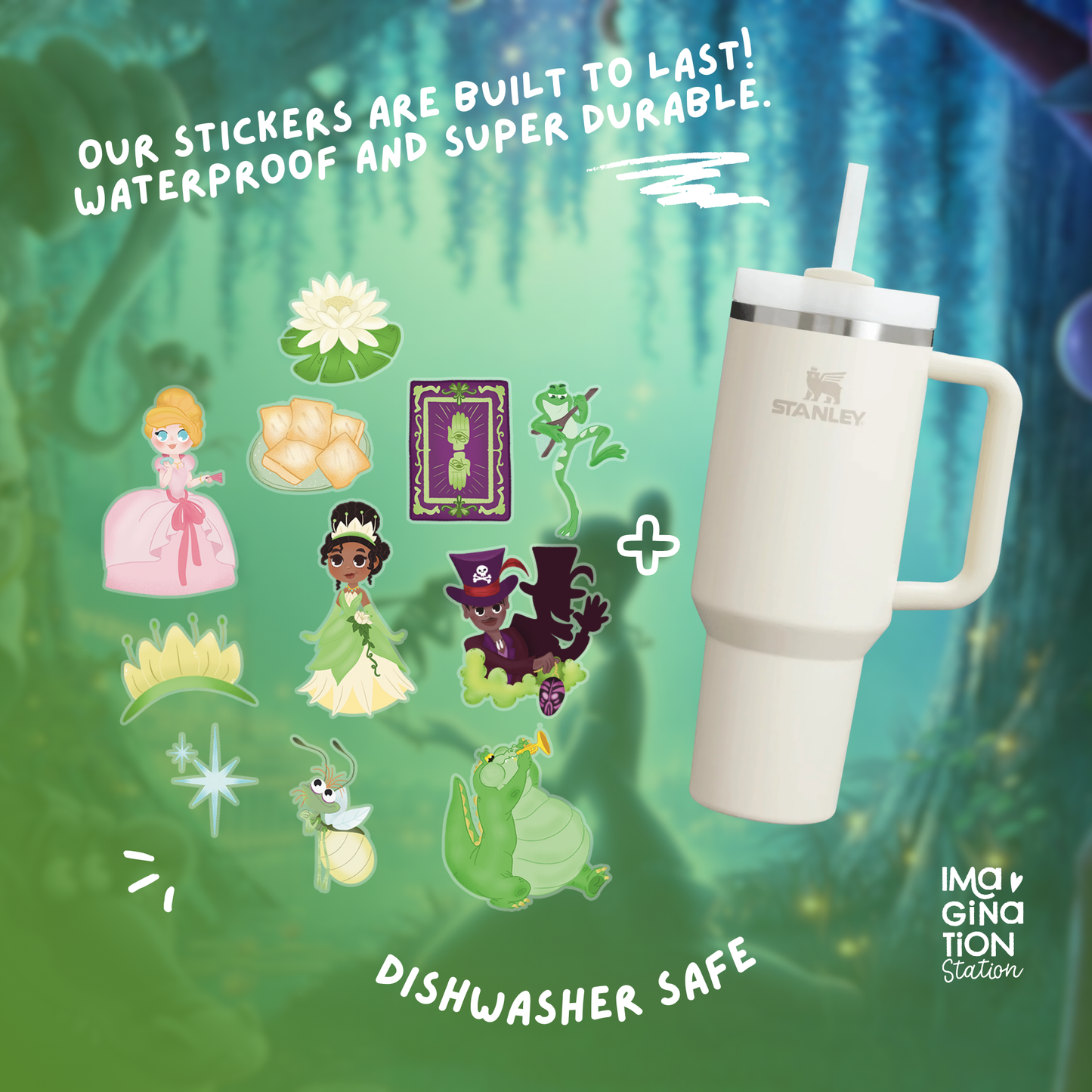 Tiana Tumbler Sticker Set for 40oz Cup Decor Waterproof Vinyl Frog Princess Decal Gift Bundle with Straw Disney Inspired for