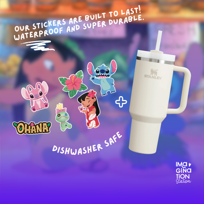 Lilo & Stitch Stanley Cup Tumbler 40oz with Straw + Waterproof Sticker Set – Disney Tropical Drinkware Gift