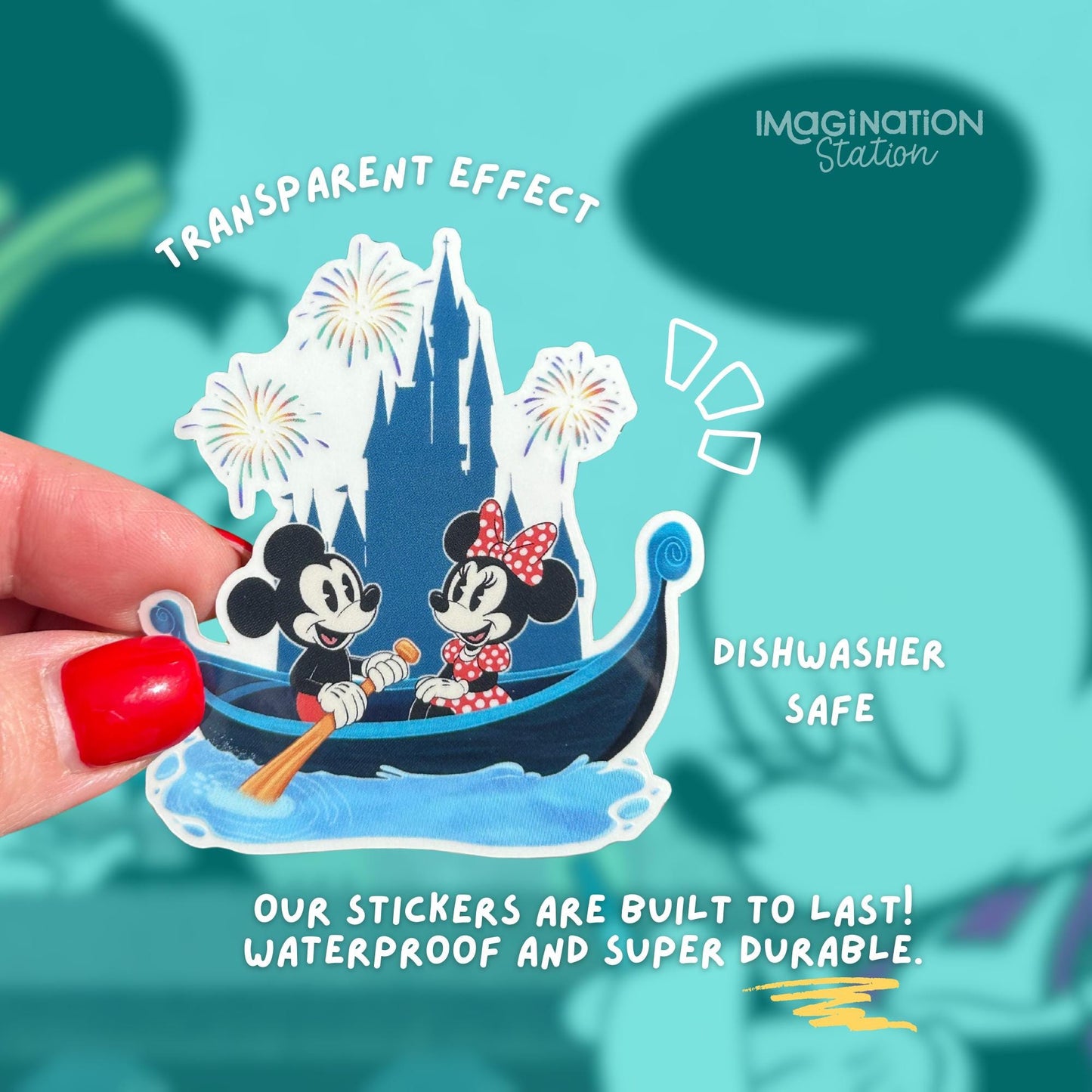 Mickey & Minnie Gondola Ride Sticker – Clear Waterproof Vinyl – Romantic Disney Castle Fireworks Decal