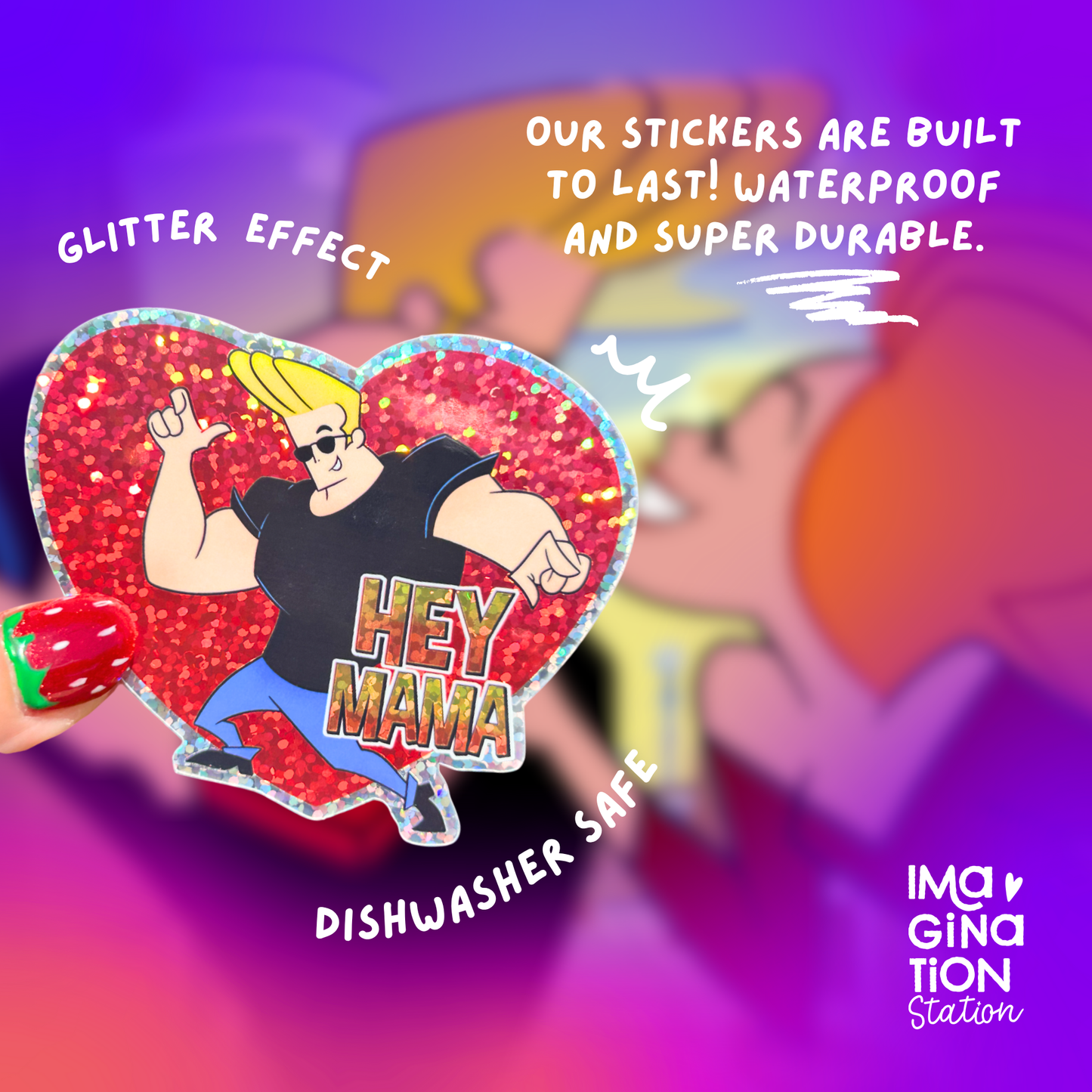 Hey Mama Sticker | Retro Cartoon Heart Decal | Glitter Glossy Tumbler Laptop Vinyl | Funny Nostalgic Gift
