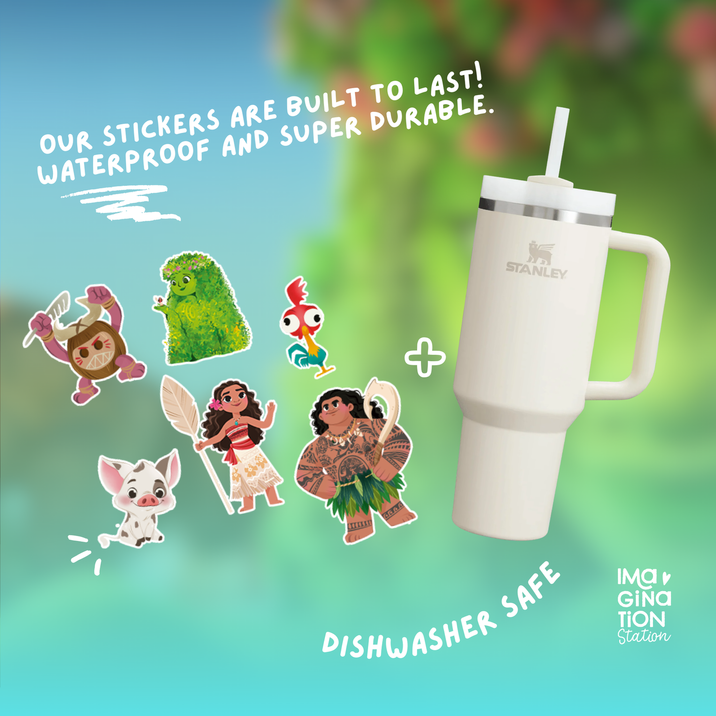 Moana Stanley Cup Tumbler 40oz with Straw + Waterproof Sticker Set – Disney Ocean Drinkware Gift