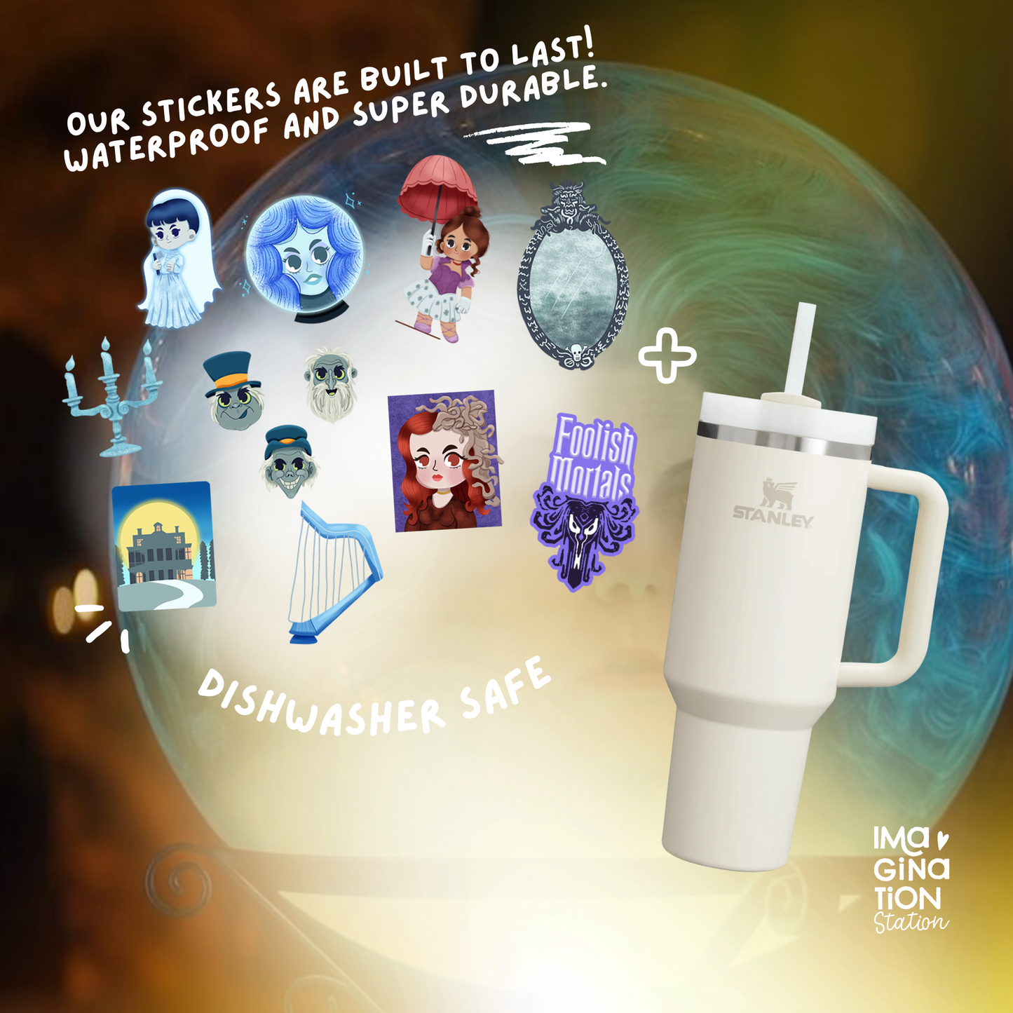 Custom 40oz Tumbler with The Haunted Mansion Glow in the Dark Sticker Sheet