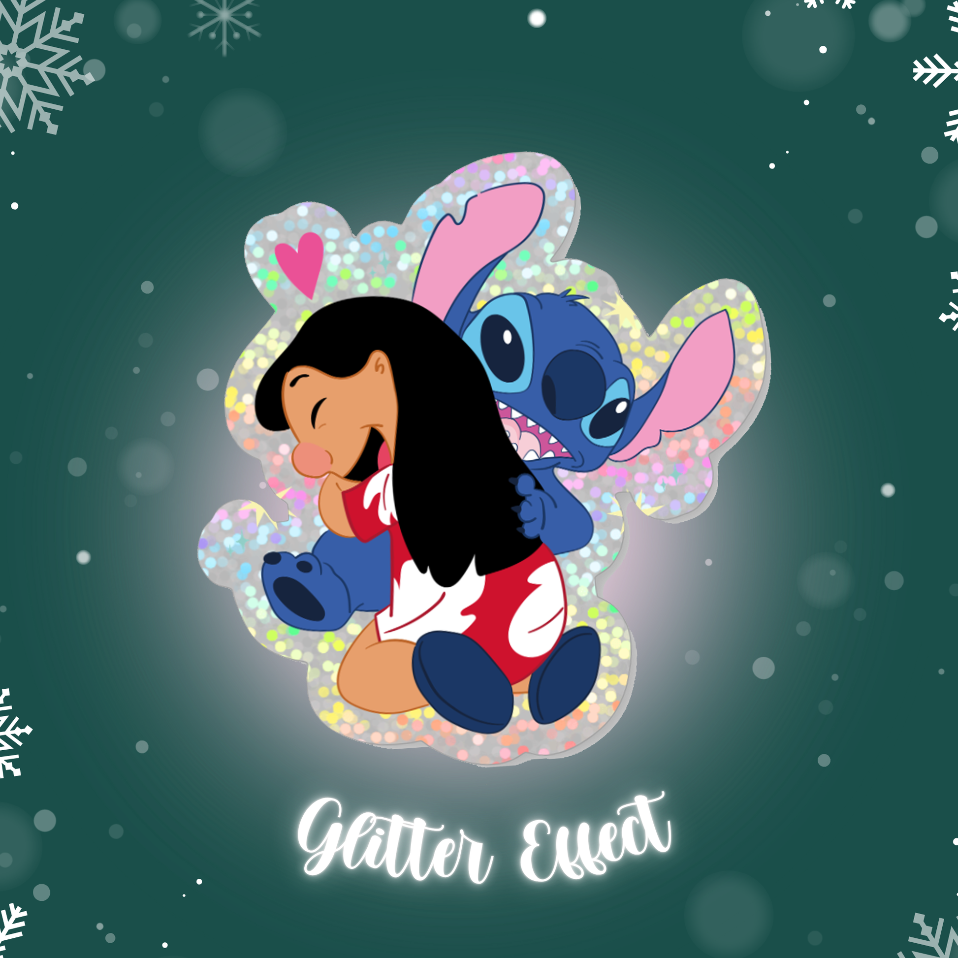 Cartoon characters hugging with a glittery effect on a dark green background with snowflakes.